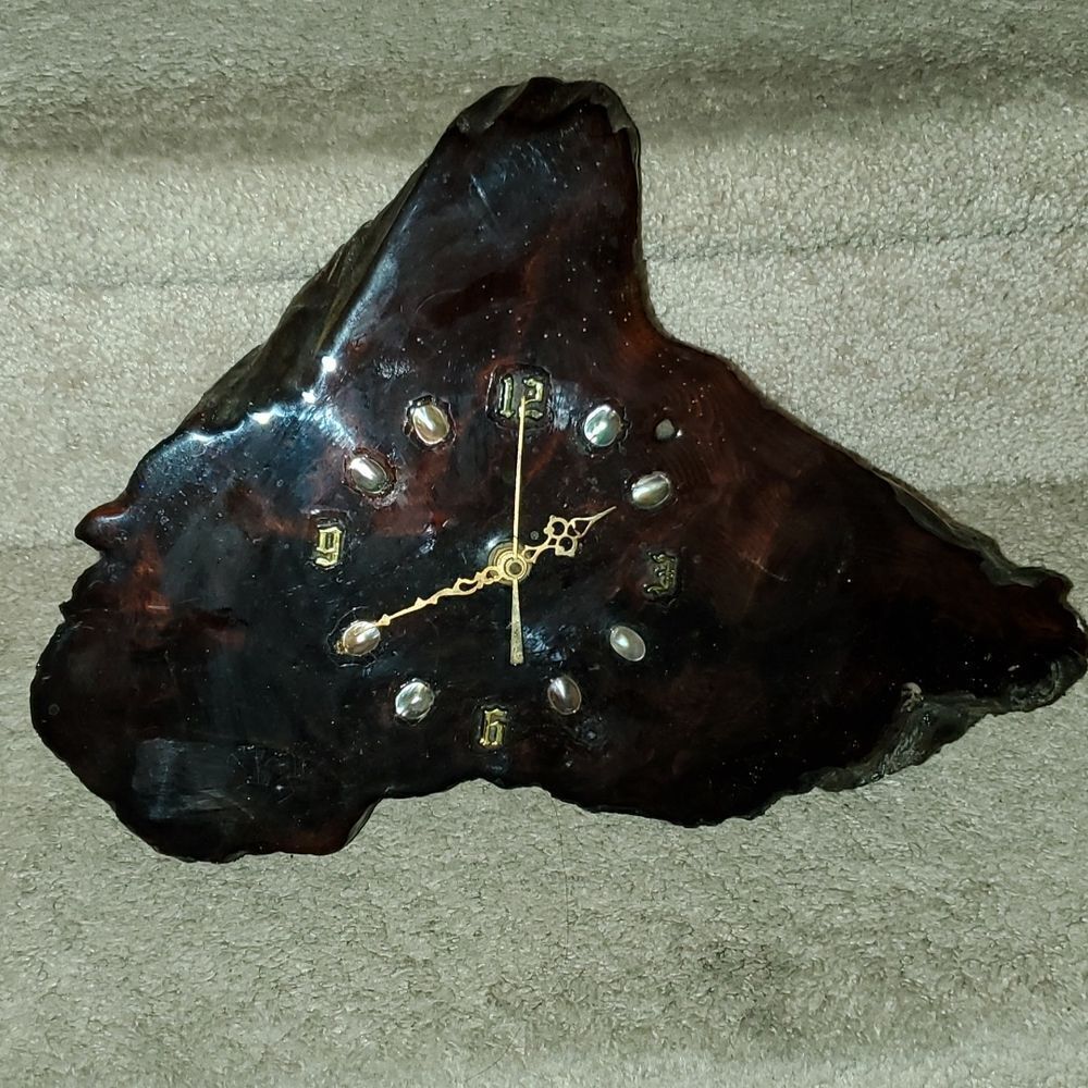 Vintage Redwood Burl Lacquered Clock Abalone Shell